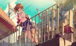 Rule 34 | 1girl, against railing, artist name, bag, bandaid, bandaid on arm, banner, blonde hair, blue sky, bow, breasts, brown socks, building, buttons, chain, cloud, cloudy sky, day, deco (geigeki honey), drill hair, hair bow, handbag, ladder, leaning, leaning on object, medium breasts, nail polish, original, outdoors, parted lips, pink bow, pink eyes, pleated skirt, polka dot, polka dot bow, puffy short sleeves, puffy sleeves, railing, short sleeves, skirt, sky, socks, solo, standing, watch, window, wristwatch