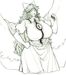 Rule 34 | 1girl, breasts, clenched hand, commentary request, covered erect nipples, hair ribbon, hand on own hip, highres, huge breasts, long hair, looking at viewer, monochrome, open mouth, reiuji utsuho, ribbon, skirt, smile, solo, spacezin, standing, third eye, touhou, white background, wings