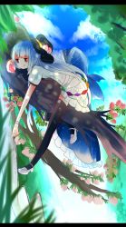 Rule 34 | 1girl, bad id, bad pixiv id, black thighhighs, blue hair, branch, cloud, cloudy sky, day, dress, food, fruit, hat, hat ribbon, high heels, highres, hinanawi tenshi, letterboxed, long hair, looking at viewer, lying, on stomach, peach, red eyes, ribbon, seiu (aoame), sky, solo, thighhighs, tongue, tongue out, touhou, tree