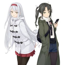 Rule 34 | 2girls, alternate costume, arms behind back, artist name, black legwear, casual, cellphone, coat, dated, duffel coat, fashion, green eyes, green hair, hair ribbon, hairband, hand in pocket, kantai collection, leaning forward, pantyhose under shorts, long hair, looking at viewer, multiple girls, pantyhose, phone, pleated skirt, ribbon, rokuwata tomoe, shorts, shoukaku (kancolle), signature, silver hair, simple background, skirt, smartphone, standing, toggles, trench coat, turtleneck, twintails, twitter username, white background, winter clothes, winter coat, yellow eyes, zuikaku (kancolle)