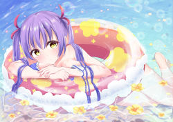 Rule 34 | 1girl, absurdres, bikini, blush, breasts, cleavage, closed mouth, day, female focus, flower, hair ornament, hand on hand, harukasu (mememememo), highres, in water, innertube, large breasts, lens flare, long hair, looking at viewer, original, purple hair, sidelocks, solo, swim ring, swimsuit, twintails, water, yellow eyes