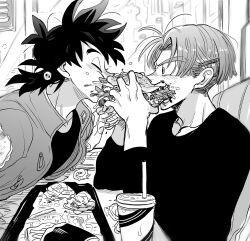 2boys black_hair burger closed_eyes cup disposable_cup dragon_ball dragon_ball_super drinking_straw eating fast_food food food_in_mouth food_wrapper french_fries greyscale holding holding_burger holding_food jacket long_sleeves monochrome multiple_boys nanika_(nnkgh) short_hair son_goten tray trunks_(dragon_ball)