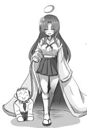 Rule 34 | 1boy, 1girl, all fours, blue archive, blush, breasts, closed mouth, coat, commentary request, crescent halo, doodle sensei (blue archive), flower, full body, greyscale, hair flower, hair ornament, halo, highres, holding, holding leash, large breasts, leash, long hair, long sleeves, monochrome, necktie, open mouth, parted bangs, pet play, pleated skirt, sandals, school uniform, sensei (blue archive), serafuku, shiro beer, simple background, skirt, smile, tabi, walking, yukari (blue archive), zouri
