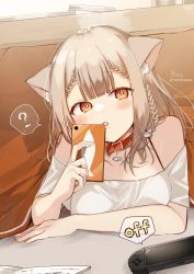 Rule 34 | + +, 1girl, ?, absurdres, animal ear fluff, animal ears, bare shoulders, braid, braided bangs, brown eyes, brown hair, cat ears, cellphone, collar, collarbone, commentary request, fang, handheld game console, highres, holding, holding phone, kotatsu, looking at viewer, off-shoulder shirt, off shoulder, original, parted lips, phone, red collar, shirt, short sleeves, signature, sofra, solo, spoken question mark, table, twitter username, under kotatsu, under table, white shirt