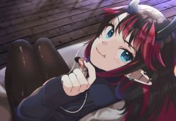 Rule 34 | 1girl, nanashi inc., alternate costume, black hair, black pants, black sweater, blue eyes, blush, chocolate, closed mouth, commentary request, couch, demon girl, demon horns, ear piercing, earbuds, earphones, earrings, food, full body, highres, holding, holding chocolate, holding food, horns, jewelry, long hair, looking at viewer, looking back, multicolored hair, nail polish, on couch, pants, piercing, pointy ears, red hair, ryugasaki rene, sitting, smile, solo, sugar lyric, sweater, two-tone hair, virtual youtuber, wooden floor, zono (inokura syuzo029)