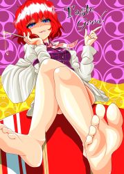 Rule 34 | 1girl, absurdres, barefoot, blue eyes, blush, crossed legs, feet, female focus, foot focus, from below, highres, honey, horikawa raiko, licking lips, looking at viewer, medium hair, red hair, sitting, soles, solo, toes, tongue, tongue out, touhou