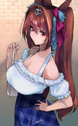 Rule 34 | 1girl, animal ears, bag, blue skirt, blush, bow, breasts, brick wall, brown hair, cleavage, closed mouth, crop top, daiwa scarlet (umamusume), hair bow, hair intakes, hand on own hip, highres, horse ears, horse girl, kojima (blue stardust), large breasts, long hair, looking at viewer, red bow, red eyes, shoulder bag, signature, simple background, skirt, solo, tiara, twintails, umamusume, upper body