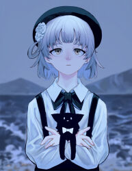 Rule 34 | 1girl, :|, absurdres, akina (odoru nagi), animal, bandaid on ear, beret, black bow, black bowtie, black cat, black hat, blurry, blurry background, bow, bowtie, cat, closed mouth, collared shirt, commentary request, day, expressionless, flower, grey hair, hair flower, hair ornament, hat, hatoba tsugu, highres, holding, holding animal, long sleeves, looking up, mountainous horizon, ocean, outdoors, overcast, rose, sanpaku, shirt, short hair, single hair ring, sky, solo, straight-on, suspenders, tsugu (vtuber), upper body, virtual youtuber, waves, white flower, white rose, yellow eyes