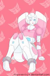 Rule 34 | 1girl, alien, arcee, ass, blue eyes, breasts, highres, humanoid robot, m-a-v-e-r-i-c-k, medium breasts, on floor, one eye closed, panties, pink panties, red lips, robot, solo, thick thighs, thighs, transformers, underwear