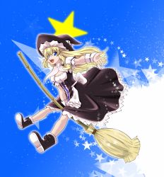 Rule 34 | 1girl, blonde hair, blue background, blue eyes, braid, broom, curiosities of lotus asia, female focus, hat, highres, iwatobi hiro, kirisame marisa, open mouth, outstretched arm, single braid, solo, star (symbol), touhou, witch, witch hat