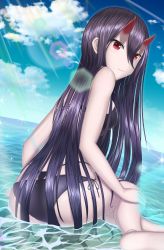 Rule 34 | 10s, 1girl, abyssal ship, battleship princess, battleship summer princess, bikini, black bikini, black hair, breasts, cloud, cloudy sky, day, diffraction spikes, dutch angle, highres, horns, kantai collection, large breasts, lens flare, long hair, looking back, ocean, okuriyuku, outdoors, pale skin, red eyes, sideboob, skin-covered horns, sky, solo, swimsuit, very long hair