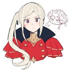 Rule 34 | 1girl, :&lt;, blush, buttons, chibi, closed mouth, cropped torso, do m kaeru, double-breasted, edelgard von hresvelg, fake horns, fire emblem, fire emblem: three houses, high collar, horns, long hair, looking at viewer, nintendo, official alternate hairstyle, parted bangs, purple eyes, side ponytail, sidelocks, simple background, solo, upper body, white background, white hair