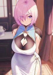 Rule 34 | 1girl, arms behind back, blurry, blurry background, breasts, china dress, chinese clothes, cleavage, closed mouth, covered navel, crease, dress, eyes visible through hair, fate/grand order, fate (series), furrowed brow, hair over one eye, highres, indoors, large breasts, looking at viewer, mash kyrielight, pink hair, purple eyes, scan, solar (happymonk), solo, sweatdrop, tight clothes, tight dress, white dress