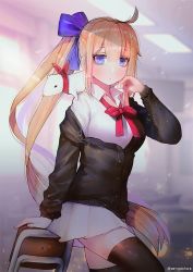 Rule 34 | 1girl, ahoge, alternate costume, animal, arm support, bad id, bad twitter id, black cardigan, black thighhighs, blonde hair, blue bow, blue eyes, blush, bow, breasts, buttons, cardigan, chair, classroom, collared shirt, confetti, fal (girls&#039; frontline), ferret, girls&#039; frontline, hair between eyes, hair ribbon, hanato (seonoaiko), hand on own face, leaning on object, light particles, long hair, looking at viewer, medium breasts, neck ribbon, off shoulder, pleated skirt, red ribbon, ribbon, school, school unfirom, school uniform, serafuku, shirt, side ponytail, sidelocks, skirt, solo, standing, thighhighs, thighs, twitter username, very long hair, white shirt, white skirt, zettai ryouiki