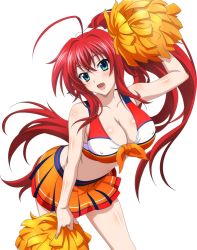 Rule 34 | 1girl, ahoge, bare shoulders, blue eyes, blush, breasts, cheerleader, cleavage, covered erect nipples, high school dxd, high school dxd born, large breasts, leaning forward, long hair, looking at viewer, open mouth, red hair, rias gremory, smile, solo, standing, tagme