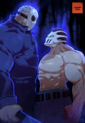 Rule 34 | 2boys, abs, bare pectorals, biceps, black hair, crossover, friday the 13th, highres, hockey mask, holding, jacket, jason voorhees, large pectorals, machete, male focus, mask, mask on head, multiple boys, muscular, muscular male, pectorals, rick (splatterhouse), splatterhouse, topless male, tovio rogers, video game, weapon