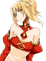 Rule 34 | 1girl, bandeau, bare shoulders, blonde hair, blush, braid, closed mouth, detached sleeves, doko tetora, fate/apocrypha, fate (series), french braid, green eyes, head tilt, juliet sleeves, long sleeves, looking at viewer, mordred (fate), mordred (fate/apocrypha), navel, notice lines, ponytail, puffy sleeves, simple background, solo, strapless, tube top, white background