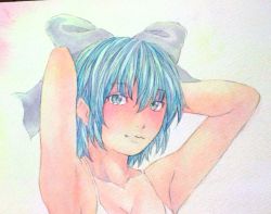Rule 34 | 1girl, armpits, arms behind head, blue eyes, blue hair, bow, breasts, cirno, cleavage, collarbone, dress, grey background, hair bow, lips, looking at viewer, matching hair/eyes, painting (medium), portrait, short hair, solo, spaghetti strap, touhou, traditional media, watercolor (medium), white dress, yuyu (00365676)