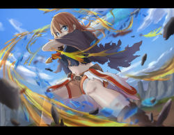Rule 34 | 1girl, bandaged leg, bandages, belt, belt pouch, blue eyes, blue shirt, blue sky, blurry, blurry foreground, breasts, brown belt, brown cloak, brown shorts, cloak, cloud, commentary request, covered mouth, cowboy shot, day, energy, floating rock, gloves, groin, hair between eyes, highres, holding, holding sword, holding weapon, kasshu (glusprin), large breasts, letterboxed, long hair, midriff, mountain, muimi (princess connect!), navel, orange hair, pouch, princess connect!, rock, serious, shirt, short shorts, shorts, sidelocks, sky, sleeveless, sleeveless shirt, solo, sword, torn cloak, torn clothes, torn gloves, torn shirt, weapon