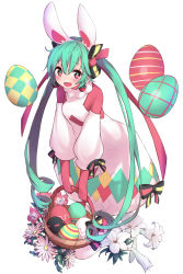 Rule 34 | 1girl, absurdres, animal ears, bad id, bad pixiv id, basket, dress, easter, easter egg, egg, flower, full body, green hair, hatsune miku, highres, leaning forward, lily (flower), long hair, looking at viewer, open mouth, rabbit ears, relila, simple background, solo, standing, twintails, very long hair, vocaloid, white background