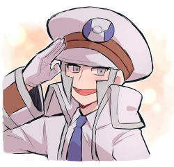 Rule 34 | 1boy, blue necktie, blush, chiimako, coat, collared shirt, commentary request, creatures (company), emmet (pokemon), game freak, gloves, grey eyes, grey hair, hand up, hat, long sleeves, male focus, necktie, nintendo, open clothes, open coat, open mouth, peaked cap, pokemon, pokemon bw, salute, shirt, short hair, sideburns, smile, solo, tongue, upper body, white coat, white hat, white shirt