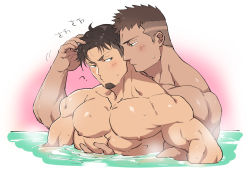 Rule 34 | 2boys, ?, bara, black hair, blush, brown hair, closed mouth, couple, dark-skinned male, dark skin, eye contact, facial hair, goatee, hand on another&#039;s head, hug, hug from behind, irie kazumichi, large pectorals, looking at another, male focus, multiple boys, muscular, muscular male, nipples, nude, o3o, oishi (psycho-pass), partially submerged, pectorals, psycho-pass, puckered lips, short hair, simple background, sugo6969, translation request, water, wet, wet hair, yaoi