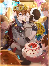 Rule 34 | 1other, 5boys, :d, ^ ^, ahoge, artist name, birthday, birthday cake, black gloves, blue eyes, blurry, blush, bouquet, brothers, brown headwear, brown shorts, cake, cape, carrying, character name, child, closed eyes, collared jacket, confetti, crossed bangs, depth of field, flower, flower wreath, food, fruit, fur-trimmed headwear, fur-trimmed shorts, fur hat, fur trim, genshin impact, gloves, grey jacket, hair between eyes, half gloves, happy, happy birthday, hat, head wreath, highres, holding, hug, jacket, long sleeves, looking at another, mmmgnsn, multiple boys, open mouth, orange hair, profile, red cape, shirt, short hair, shorts, siblings, sleeves rolled up, smile, standing, strawberry, sunflower, tartaglia (genshin impact), teucer (genshin impact), tray, twitter username, white flower, yellow flower