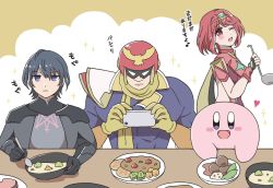 1girl, 3boys, apron, bangs, black gloves, breasts, byleth (fire emblem), byleth (fire emblem) (male), captain falcon, chest jewel, earrings, f-zero, fingerless gloves, fire emblem, fire emblem: three houses, food, gloves, hair ornament, headpiece, helmet, highres, hotatechoco (hotariin), jewelry, kirby, kirby (series), large breasts, matching hair/eyes, multiple boys, nintendo, one eye closed, pyra (xenoblade), red eyes, red hair, red legwear, red shorts, short hair, short shorts, shorts, smile, super smash bros., swept bangs, thighhighs, tiara, wink, xenoblade chronicles (series), xenoblade chronicles 2