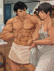 Rule 34 | 3boys, abs, bara, bare pectorals, black hair, dgls, facial hair, large pectorals, male focus, multiple boys, muscular, nipples, open mouth, pectorals, pectorals, sideburns, tagme, thighs, towel