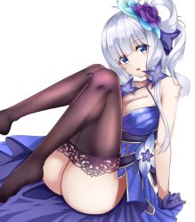 Rule 34 | 1girl, arm support, ass, azur lane, bare shoulders, benedia, blue choker, blue dress, blue eyes, blue gloves, breasts, brown thighhighs, choker, cleavage, criss-cross halter, dress, flower, gloves, hair flower, hair ornament, hair ribbon, hair rings, halterneck, head tilt, illustrious (azur lane), illustrious (never-ending tea party) (azur lane), lace trim, large breasts, long hair, looking at viewer, no shoes, parted lips, purple flower, ribbon, silver hair, simple background, sitting, sleeveless, sleeveless dress, solo, thighhighs, white background