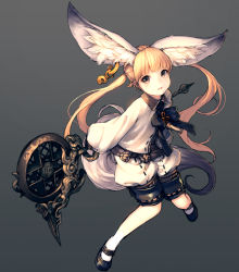Rule 34 | 10s, 1girl, animal ear fluff, animal ears, blade &amp; soul, blonde hair, earrings, full body, highres, jewelry, junwool, long hair, looking at viewer, lyn (blade &amp; soul), mary janes, shoes, simple background, single earring, smile, solo, tail, twintails, weapon