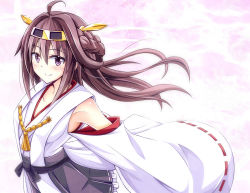 Rule 34 | 10s, 1girl, bare shoulders, blush, brown hair, detached sleeves, double bun, hair ornament, hairband, headgear, highres, japanese clothes, kantai collection, kongou (kancolle), long hair, nontraditional miko, okome (minagisama), personification, purple eyes, skirt, smile, solo