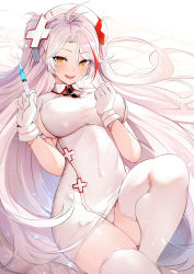 Rule 34 | 1girl, antenna hair, azur lane, blush, breasts, collared dress, covered erect nipples, covered navel, dress, gloves, hands up, hat, highres, holding, holding syringe, knee up, large breasts, long hair, looking at viewer, luse maonang, multicolored hair, no bra, nurse, nurse cap, open mouth, panties, parted bangs, prinz eugen (azur lane), short sleeves, sideboob, skindentation, smile, solo, streaked hair, syringe, thighhighs, thighs, underwear, very long hair, white dress, white gloves, white hair, white hat, white panties, white thighhighs, yellow eyes