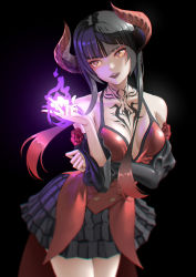 Rule 34 | 1girl, :d, absurdres, arm across waist, black background, black hair, black skirt, black sleeves, blunt bangs, breasts, brown eyes, chest tattoo, commentary, commission, cowboy shot, demon horns, detached sleeves, dress, eliza (tekken), english commentary, fangs, gradient hair, hand up, highres, horns, leaning forward, lipstick, long hair, long sleeves, looking at viewer, magic, makeup, medium breasts, miniskirt, mixed-language commentary, multicolored hair, neck tattoo, notinversion, open mouth, purple lips, red dress, red hair, short dress, short hair with long locks, simple background, skirt, sleeveless, sleeveless dress, slit pupils, smile, solo, tattoo, tekken, tekken 7, tsurime, vampire