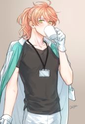 Rule 34 | 1boy, black shirt, blush, chaldea uniform, cup, drinking, drinking glass, fate/grand order, fate (series), gloves, green eyes, holding, holding cup, id card, jacket, jacket on shoulders, jewelry, long hair, looking at viewer, male focus, necklace, onigiri (hfyt2533), ponytail, romani archaman, shirt, solo, solo focus, t-shirt, white gloves