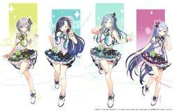 Rule 34 | 4girls, ankle boots, april fools, arm behind head, black hair, blue eyes, blue hair, boots, bow, bracelet, closed eyes, closed mouth, commentary request, cross tie, facing viewer, full body, gradient hair, green background, grey hair, hair between eyes, hair bow, happy synthesizer (vocaloid), heart, hinomori shiho, hinomori shizuku, idol, jewelry, layered skirt, lineup, long hair, looking at viewer, miwasiba, multicolored bow, multicolored clothes, multicolored hair, multicolored skirt, multiple girls, one eye closed, open mouth, parted lips, project sekai, project sekai: april fools 2022, shiraishi an, shirt, siblings, sisters, skirt, sleeveless, sleeveless shirt, smile, sparkle, standing, standing on one leg, v, very long hair, vest, w, white footwear, white hair, white shirt, white vest, yoisaki kanade, yume yume jump!
