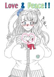 Rule 34 | 10s, 1girl, asymmetrical hair, blue eyes, blush, breasts, cardigan, crying, crying with eyes open, galko, hair bun, heart, heart hands, highres, huge breasts, long hair, makkuro rokusuke, md5 mismatch, one side up, oshiete! galko-chan, resized, school uniform, side bun, solo, spot color, tears