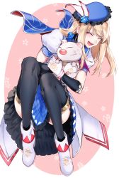 Rule 34 | 1girl, blue capelet, blue skirt, capelet, circle, clothes between thighs, crossed arms, fina (ffbe), final fantasy, final fantasy brave exvius, floating, full body, gluteal fold, happy, hat, highres, hug, light brown hair, medium hair, moogle, hugging object, open mouth, sitting, skirt, tarutaru yamaoka, teeth, upper teeth only, white background, white footwear