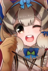 Rule 34 | 1girl, animal costume, animal ear fluff, animal ears, brown hair, chipmunk costume, chipmunk ears, chipmunk girl, extra ears, gloves, highres, hikarikmy, kemono friends, kemono friends v project, looking at viewer, microphone, multicolored hair, one eye closed, open mouth, ribbon, scarf, shirt, short hair, siberian chipmunk (kemono friends), simple background, sleeveless, sleeveless shirt, smile, solo, vest, virtual youtuber