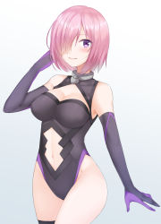 Rule 34 | 1girl, bare shoulders, blush, breasts, cleavage cutout, clothing cutout, collar, elbow gloves, fate/grand order, fate (series), gloves, hair over one eye, highres, kakino (nashiko), large breasts, leotard, long hair, looking at viewer, mash kyrielight, navel, navel cutout, purple eyes, purple hair, smile, solo, thighhighs