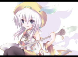 Rule 34 | bare shoulders, blue eyes, breasts, hat, lucia (luminous arc), luminous arc, open mouth, rod, skirt, white hair