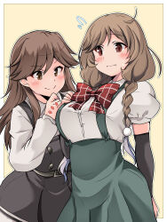 Rule 34 | 2girls, absurdres, ahoge, arashio (kancolle), arm behind back, black dress, blush, border, bow, bowtie, braid, breasts, brown eyes, brown hair, buttons, character request, closed mouth, commentary request, commission, cowboy shot, detached sleeves, dress, hair between eyes, high-waist skirt, highres, kantai collection, kurokaze no sora, large breasts, long hair, long sleeves, looking away, medium breasts, multiple girls, outline, outside border, pinafore dress, puffy sleeves, red bow, red bowtie, red eyes, simple background, skeb commission, skirt, sleeveless, sleeveless dress, smile, split mouth, sweatdrop, white border, white outline, yellow background