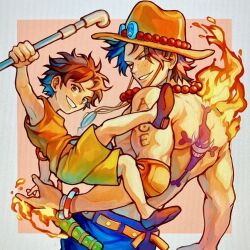 Rule 34 | 2boys, age comparison, aged down, aokamei, arm tattoo, back tattoo, bead necklace, beads, black hair, cowboy hat, fire, freckles, hat, holding, holding lead pipe, holding weapon, jewelry, lead pipe, log pose, looking at viewer, multiple boys, necklace, one piece, orange headwear, portgas d. ace, short hair, sleeveless, smile, tattoo, teeth, time paradox, topless male, weapon