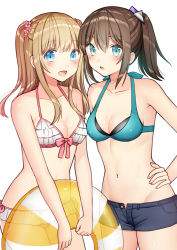 Rule 34 | 2girls, :d, bad id, bad pixiv id, bare arms, bare shoulders, bikini, bikini top only, blonde hair, blue bikini, blue eyes, blue shorts, blush, bow, breasts, brown hair, collarbone, commentary request, flower, green eyes, hair between eyes, hair flower, hair ornament, halterneck, hand on own hip, holding, holding swim ring, innertube, kurata rine, long hair, looking at viewer, multiple girls, navel, open clothes, open fly, open mouth, open shorts, original, parted lips, pink flower, ponytail, revision, short shorts, shorts, simple background, small breasts, smile, swim ring, swimsuit, transparent, two side up, white background, white bikini