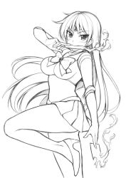 Rule 34 | 1girl, back bow, bare legs, between fingers, bishoujo senshi sailor moon, bow, bowtie, breasts, brooch, burning, closed mouth, commentary, covered navel, earrings, elbow gloves, english commentary, forehead jewel, from side, gloves, greyscale, high heels, hino rei, holding, jewelry, leg up, legs, lineart, long hair, looking at viewer, magical girl, microskirt, monochrome, mouth hold, ofuda, ofuda between fingers, peach88, pleated skirt, sailor collar, sailor mars, sailor senshi uniform, skirt, smile, solo, tsurime, upskirt, very long hair, white background