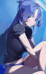 Rule 34 | 1girl, absurdres, black shirt, blue archive, blue buruma, blush, breasts, buruma, facial mark, fingernails, halo, highres, id card, lanyard, large breasts, long hair, looking at viewer, mechanical halo, not forever2w, official alternate costume, official alternate hairstyle, open mouth, purple eyes, purple hair, shirt, short sleeves, solo, star (symbol), thighs, yuuka (blue archive), yuuka (track) (blue archive)