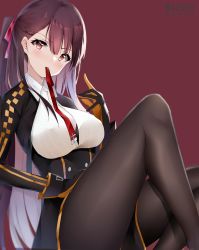 Rule 34 | 1girl, absurdres, arm up, black gloves, black jacket, black pantyhose, black skirt, blush, braid, breasts, character name, girls&#039; frontline, gloves, hand on thighs, highres, jacket, long hair, long sleeves, looking at viewer, medium breasts, mouth hold, open clothes, open jacket, pantyhose, pink ribbon, purple hair, red background, red eyes, red ribbon, ribbon, shirt, side ponytail, sitting, skirt, solo, thighs, wa2000 (girls&#039; frontline), white shirt, yanwulazy