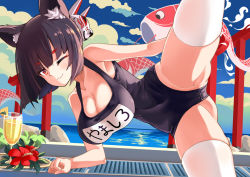Rule 34 | 1girl, ;), animal ears, azur lane, black hair, blue sky, breasts, cat ears, cat mask, cleavage, cloud, cloudy sky, eyeshadow, flower, food, fruit, hm (hmongt), juice, looking at viewer, makeup, mask, mask on head, name tag, ocean, one eye closed, pineapple, pineapple slice, red eyes, school swimsuit, short hair, sky, smile, solo, swimsuit, thighhighs, torii, white thighhighs, yamashiro (azur lane), yamashiro (summer offensive?) (azur lane)