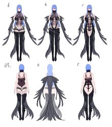 Rule 34 | 1girl, absurdres, ass, bare shoulders, black pants, blue hair, breasts, claws, detached sleeves, fishnets, high collar, highleg, highres, large breasts, long hair, multiple wings, navel, original, pants, punishing: gray raven, see-through, simple background, sketch, skindentation, solo, tattoo, tsuki no i-min, wings
