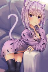Rule 34 | 1girl, :3, absurdres, ahoge, animal ear fluff, animal ears, animal print, black panties, black thighhighs, blush, breasts, cat ears, cat girl, cat print, cat tail, cleavage, closed mouth, couch, elbow rest, fang, finger to mouth, hair between eyes, highres, hololive, inaba teitoku, large breasts, leaning forward, looking at viewer, nail polish, nekomata okayu, no pants, on couch, open clothes, open pajamas, pajamas, panties, purple eyes, purple hair, purple pajamas, short hair, sitting, skin fang, solo, tail, thighhighs, underwear, virtual youtuber